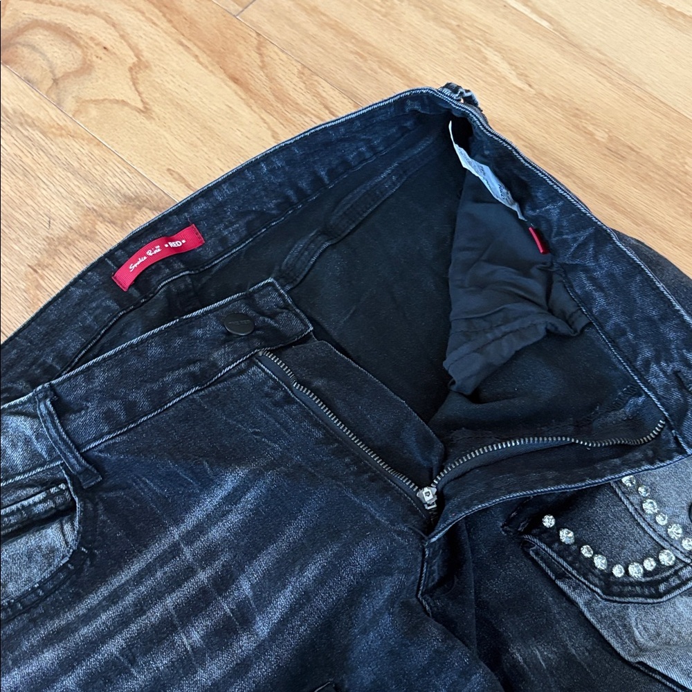 Smoke rise XL $110 Women's High Rise Rhinestone Stacked Jeans Pant storm black - Picture 11 of 14
